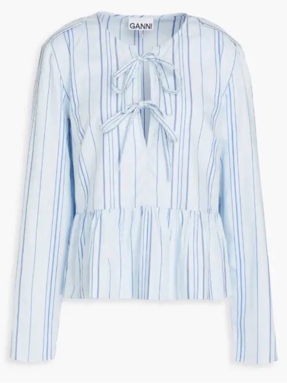 Ganni Light Blue & Navy Striped Tie-Front Peplum Blouse